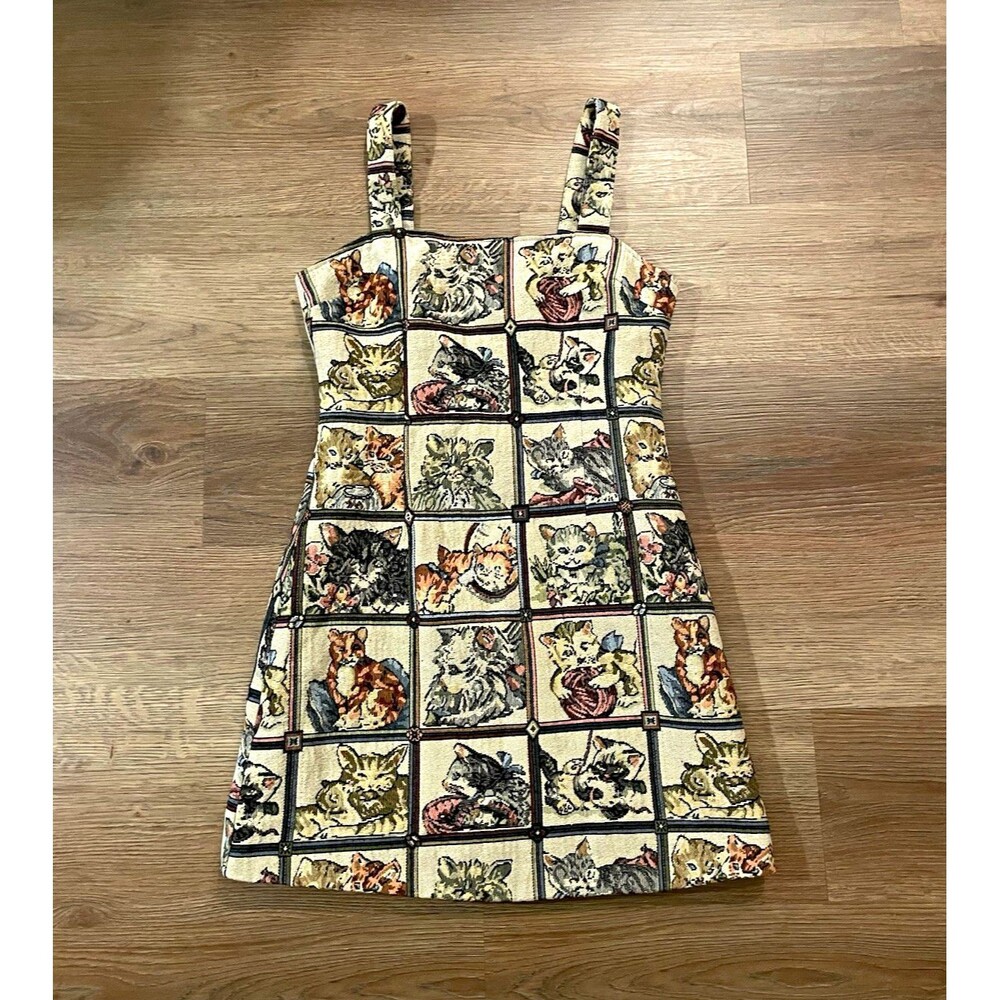Cider Cat Lover Tapestry Mini Dress Patchwork Kitten Print Pinafore SZ M